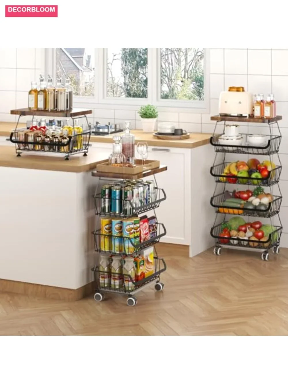 4-Tier Stackable Wire Fruit Basket Organizer with Wooden Lid on Wheels